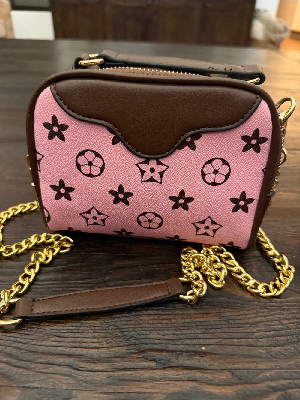 Pink and Brown Kids Crossbody Bag with Gold Chain Strap